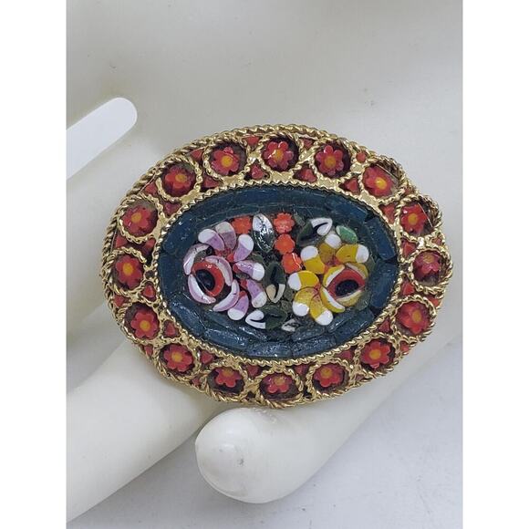 Vintage Italian Micro Mosaic Floral Brooch Pin Oval Glass Flowers millefiori - Picture 11 of 16